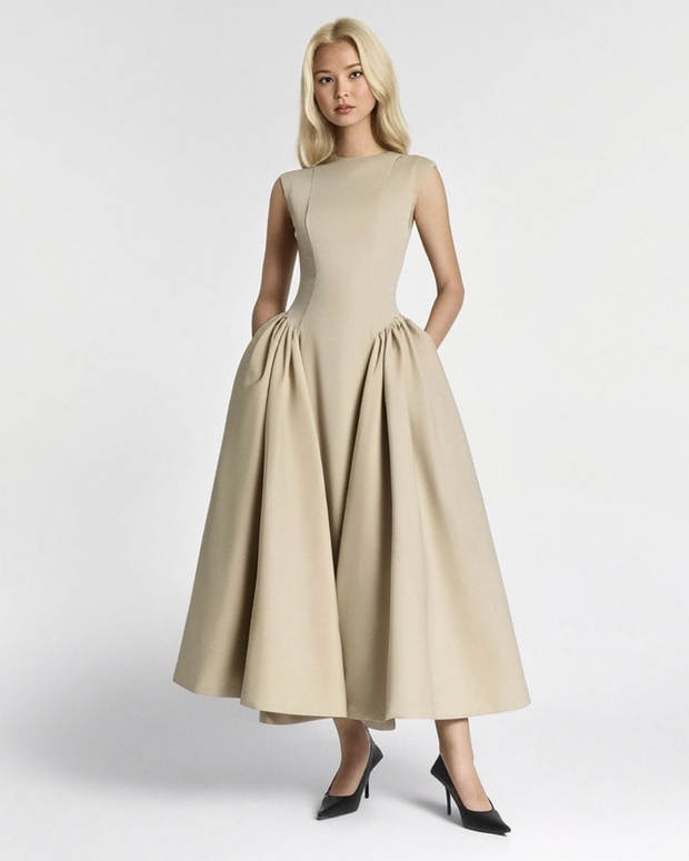 The Faye Signature Sculpted Midi Dress -Beige