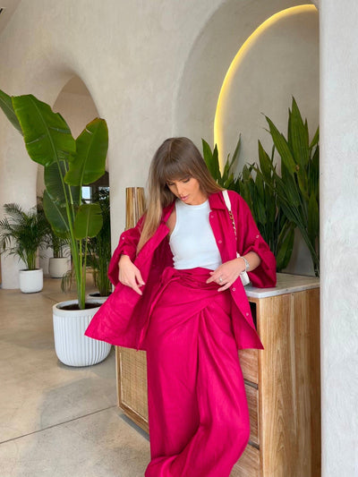 Appealing Izra Linen Red Two Piece Set for Sale