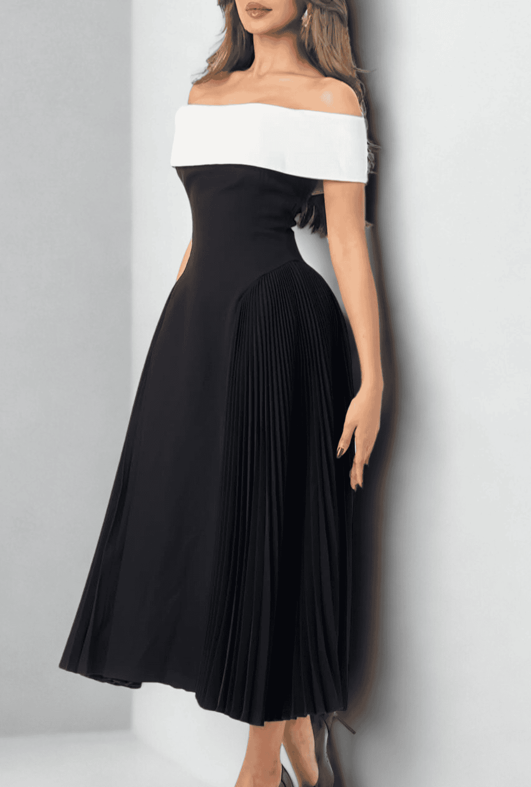 Beautiful LAAM White & Black Off the Shoulder Dress