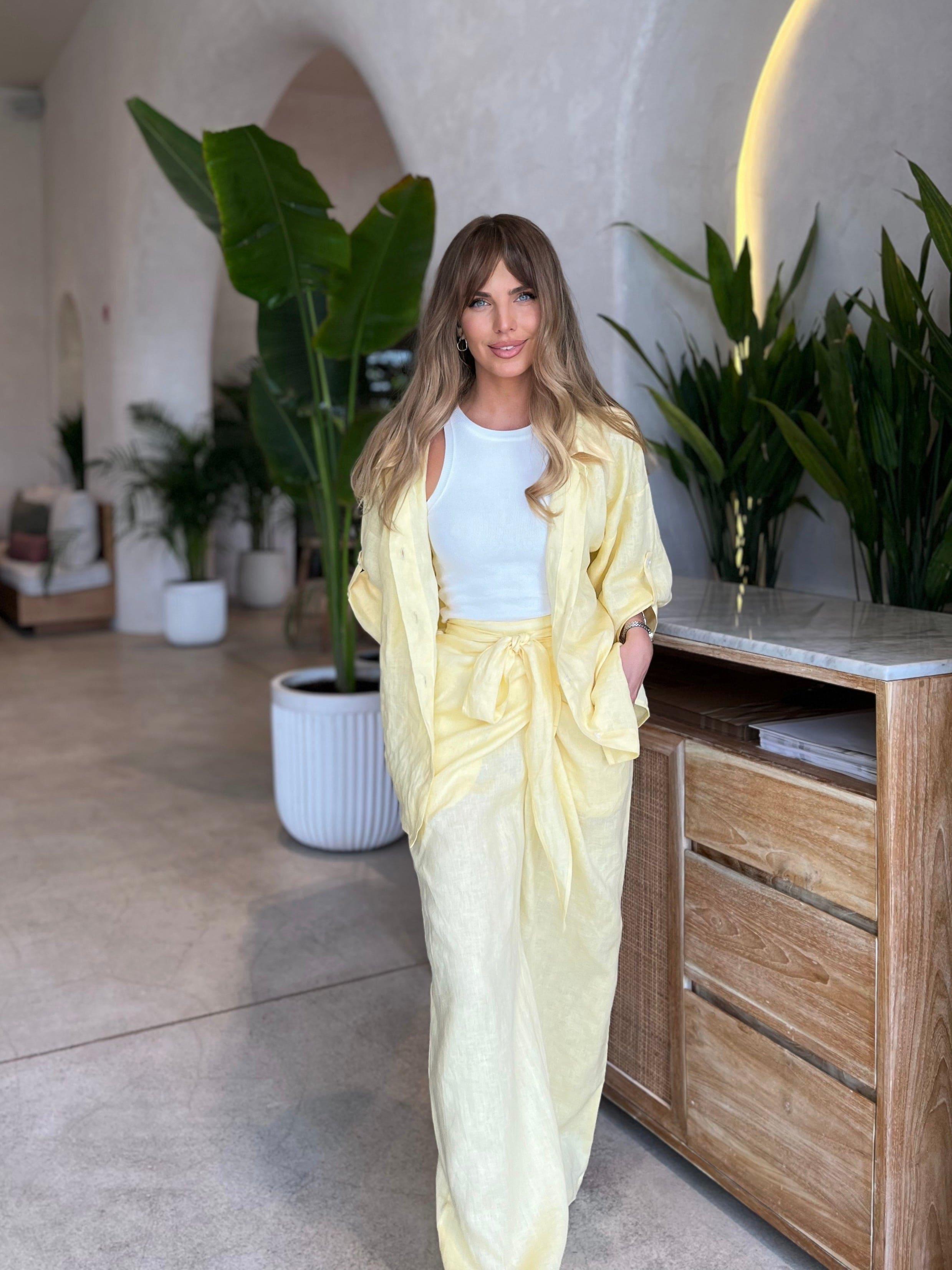 Elegant Izra Yellow Linen Set Womens Dress