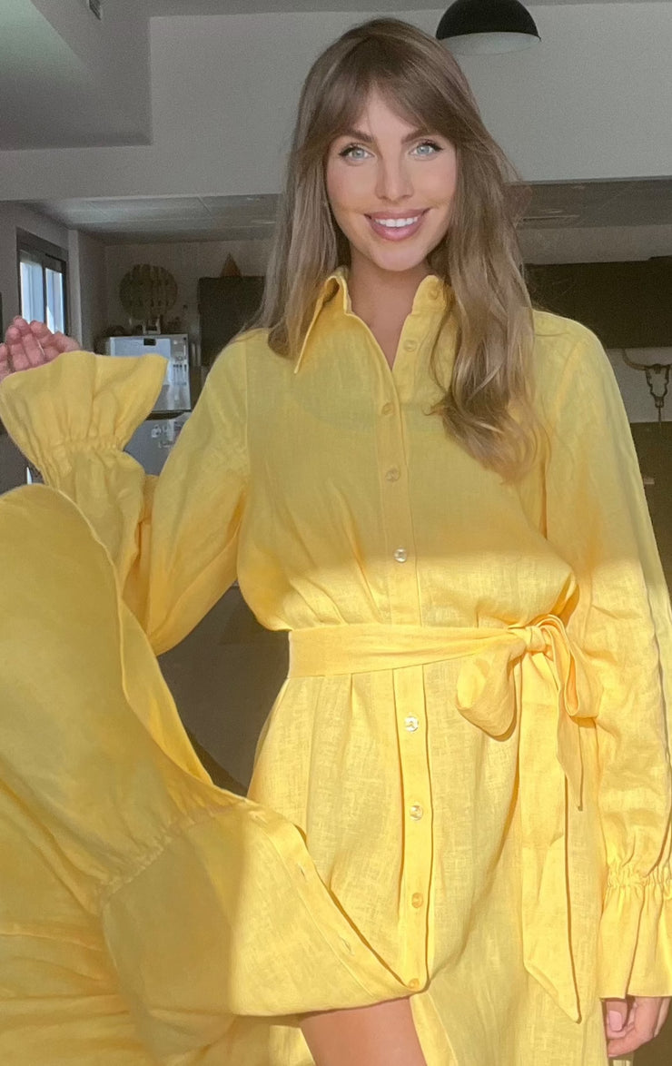 Glamorous Yellow Linen Maxi Shirt Dress for Summer