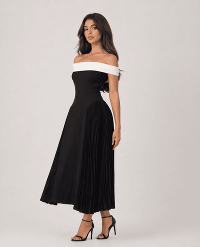 laam black dress and white off shoulder Black suit