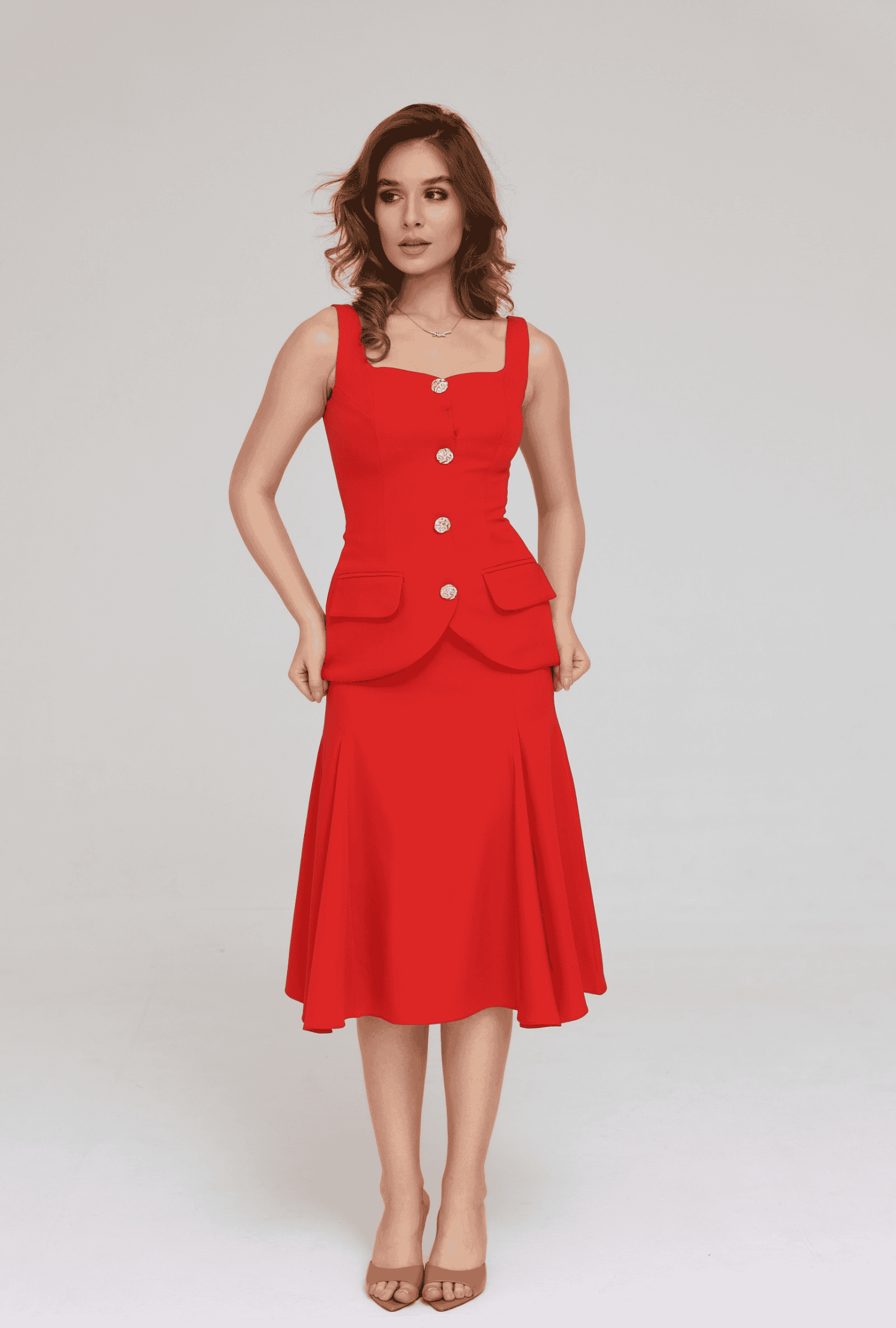 Lola Red Matching Two Piece Midi Skirt Set​ with Top