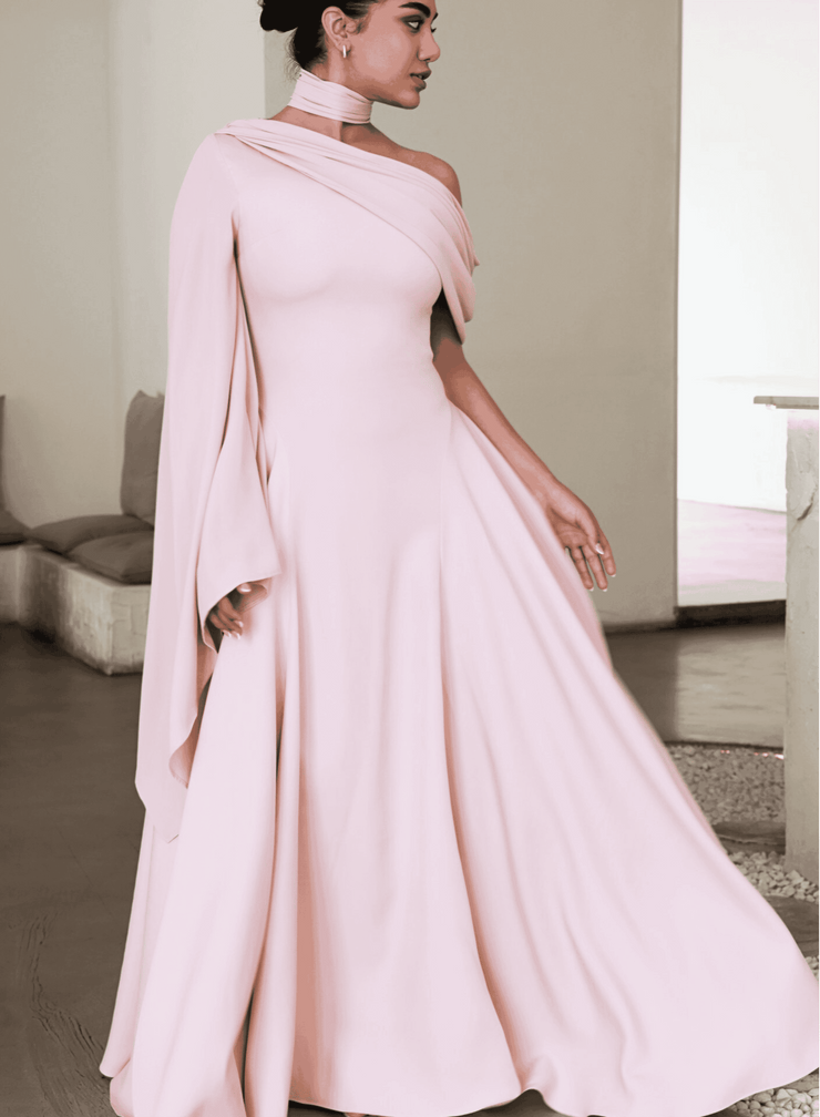 one shoulder peach dress Karen One-Shoulder Midi Dress In Soft-Peach Rhea Costa