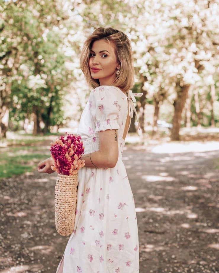 Rosaline Linen Lavender Flowers Midi Dress