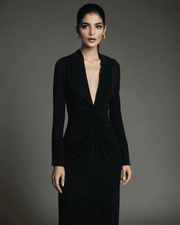 chic black ruched bodycon dress