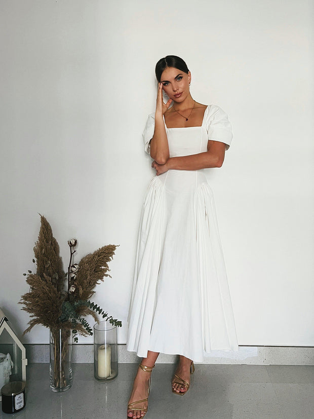 refined white ankle length dress