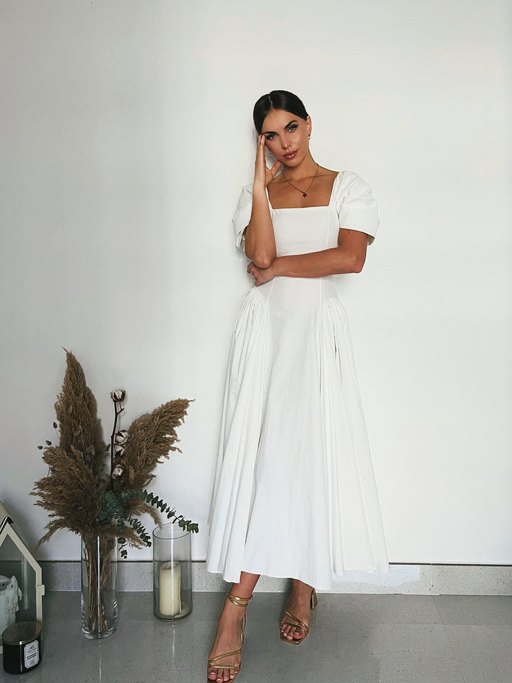 refined white ankle length dress