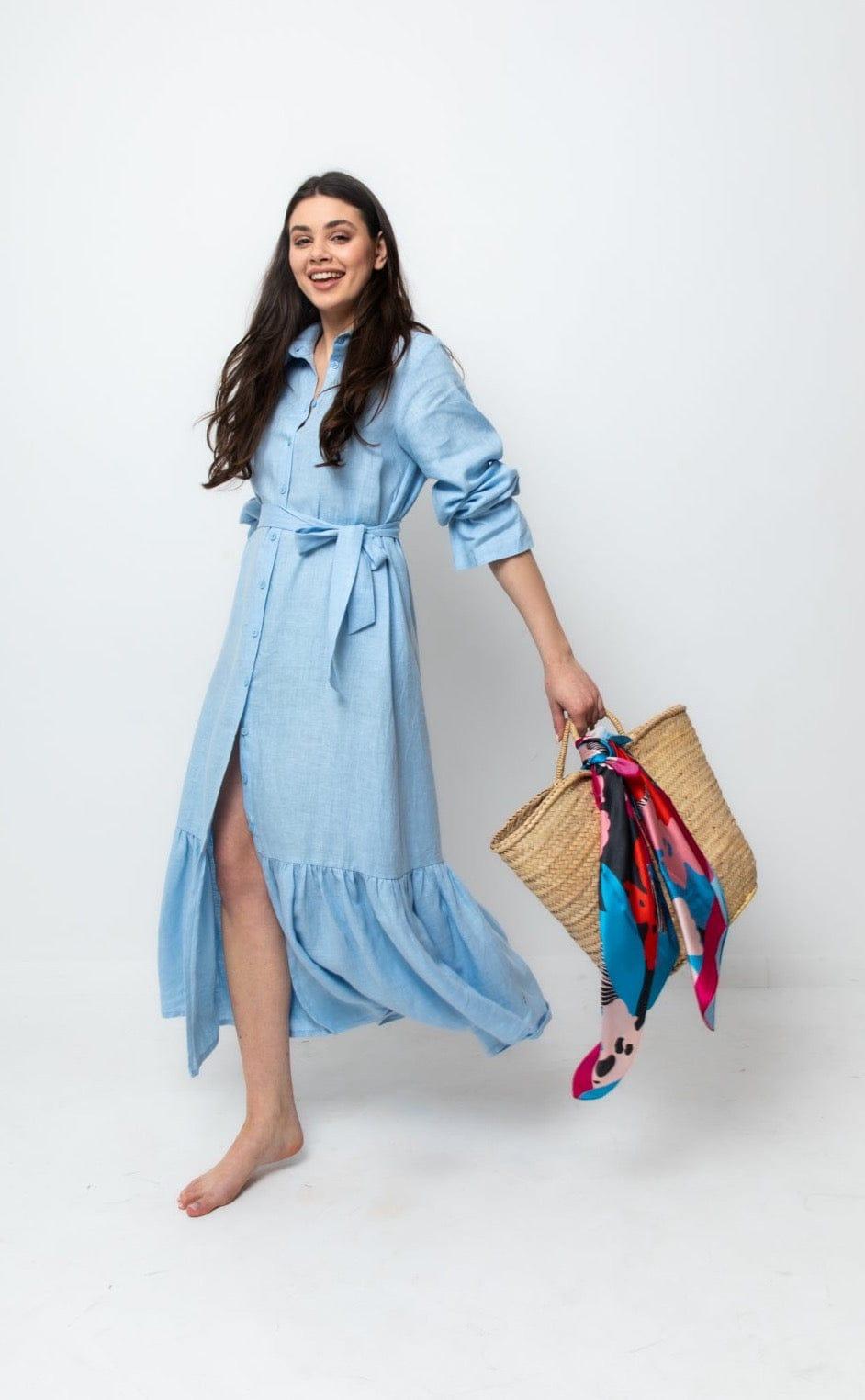 BABY BLUE LINEN MAXI SHIRT DRESS