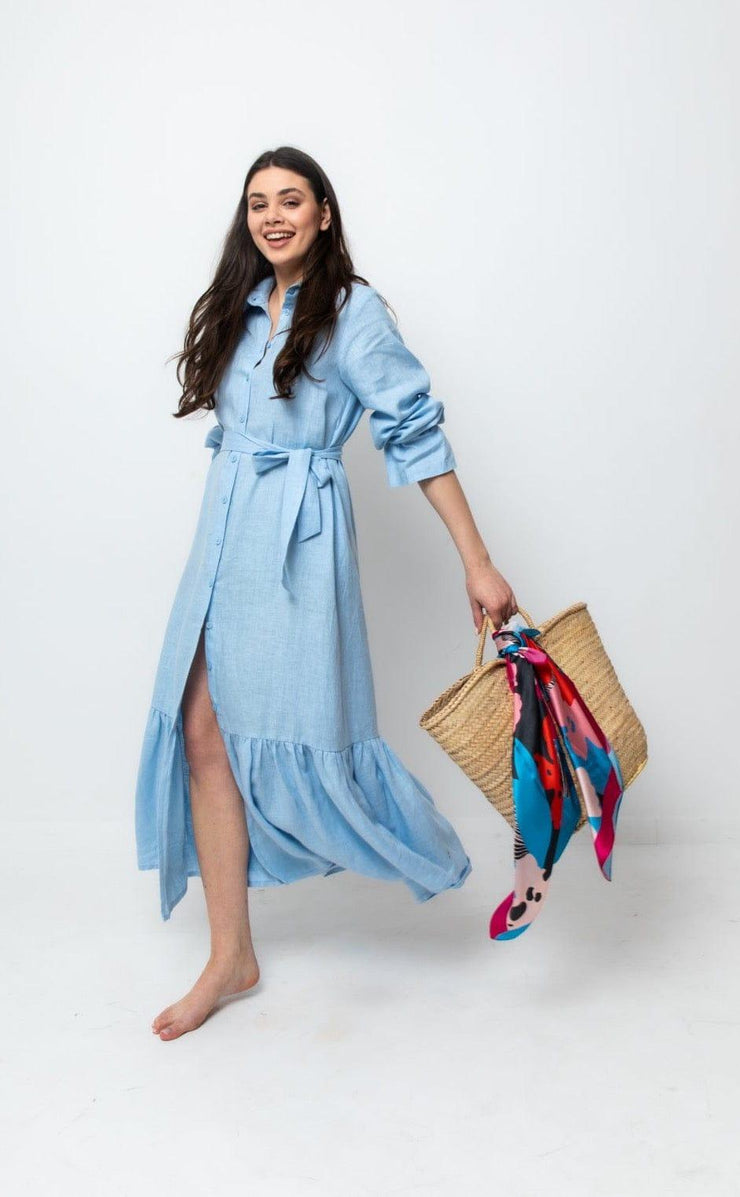 BABY BLUE LINEN MAXI SHIRT DRESS