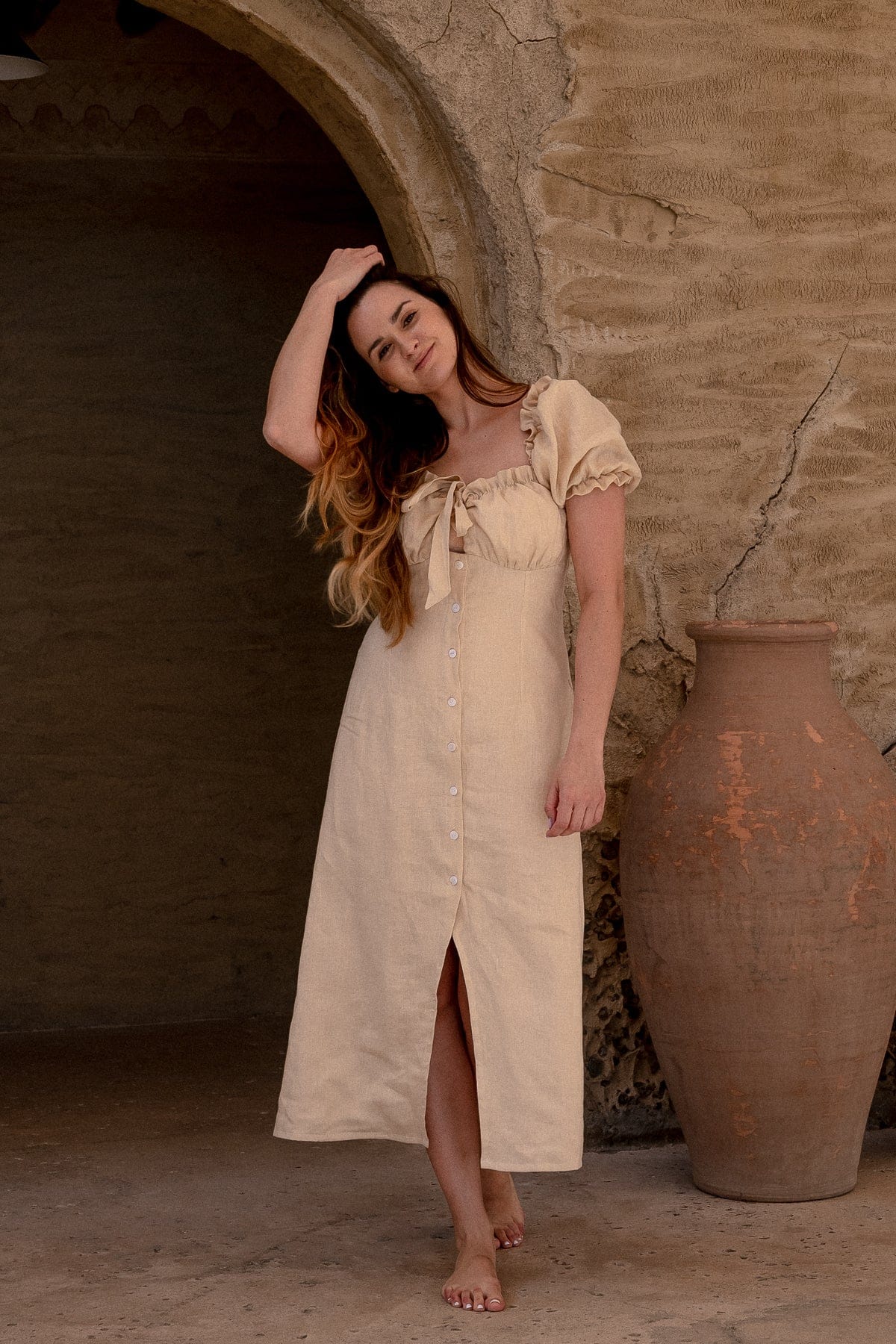 Carmen Midi Dress in Nude - Fashionist