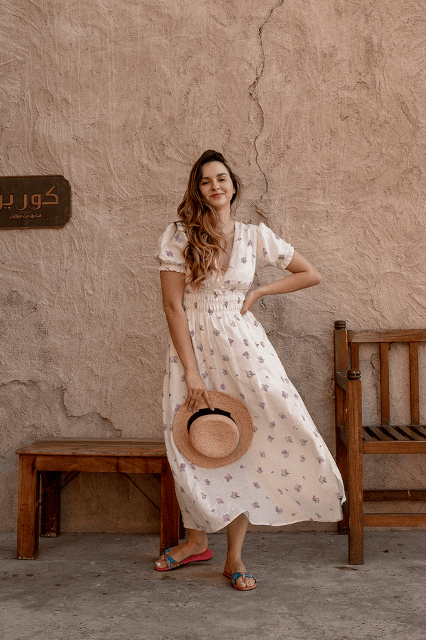 Rosaline Linen Lavender Flowers Midi Dress - Fashionist