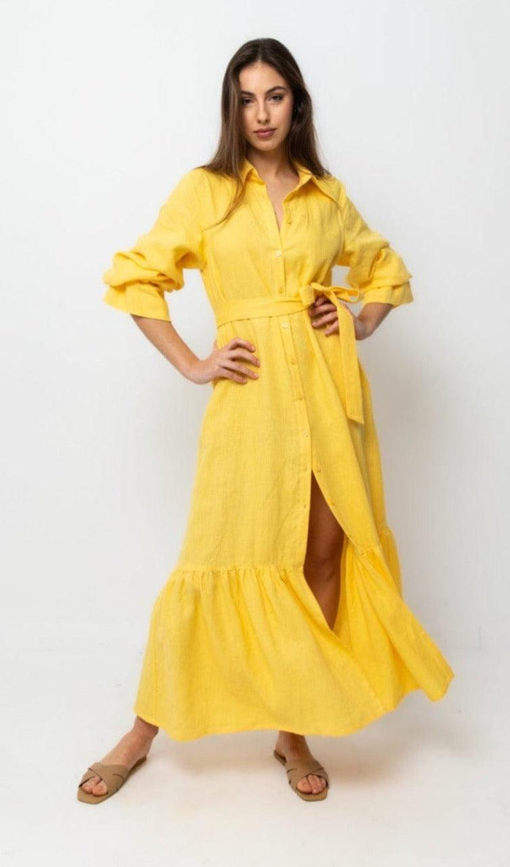 Glamorous Yellow Linen Maxi Shirt Dress for Summer Glamorous Yellow Linen Maxi Shirt Dress for Summer