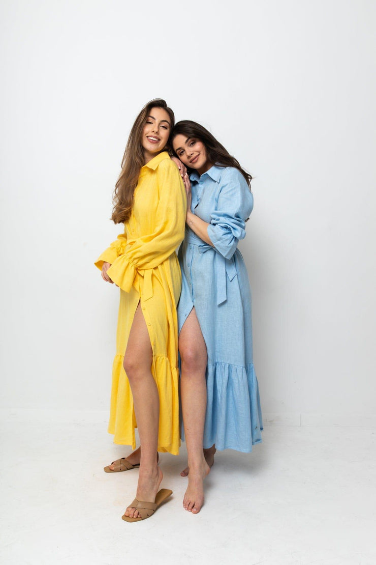 LINEN MAXI SHIRT DRESS (BABY BLUE) - Fashionist