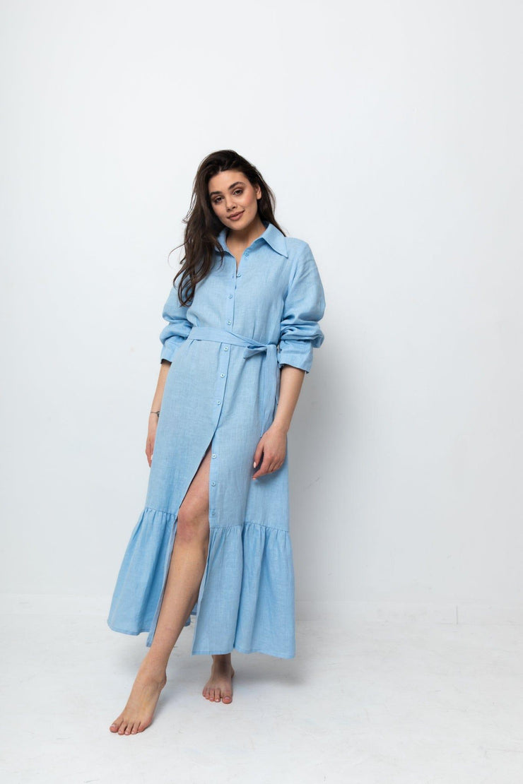 LINEN MAXI SHIRT DRESS (BABY BLUE) - Fashionist