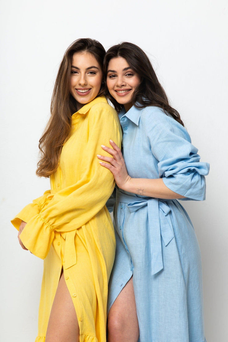 happy models wearing linen dresses