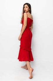 red linen midi dress
