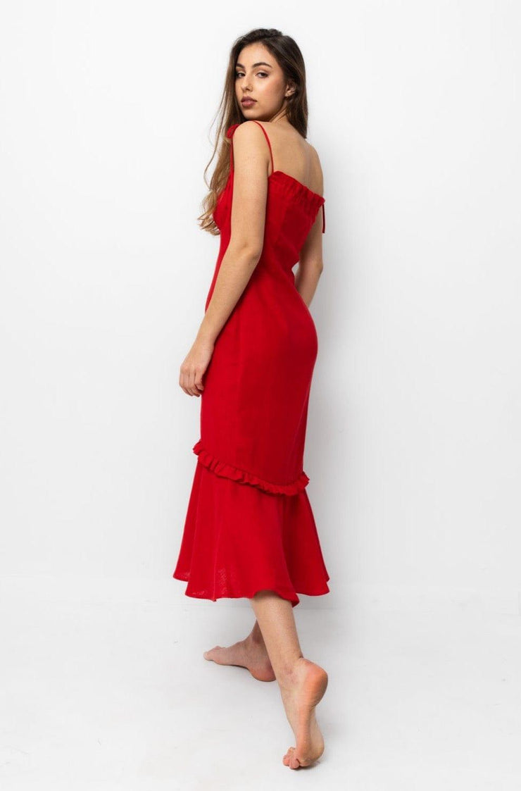 red linen midi dress